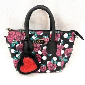 Luv Betsy by Betsy Johnson Polka-dot Heart Mini Bag Handbag Black Roses Floral